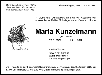 Traueranzeige von Maria Kunzelmann von Hohenzollerische Zeitung