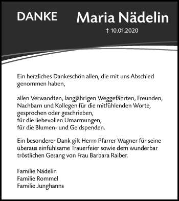 Traueranzeige von Maria Nädelin von SÜDWEST PRESSE Ausgabe Ulm/Neu-Ulm