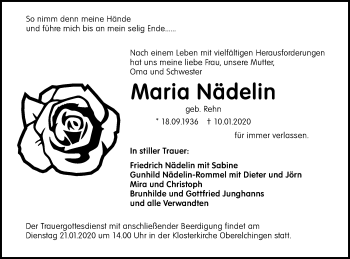 Traueranzeige von Maria Nädelin von SÜDWEST PRESSE Ausgabe Ulm/Neu-Ulm