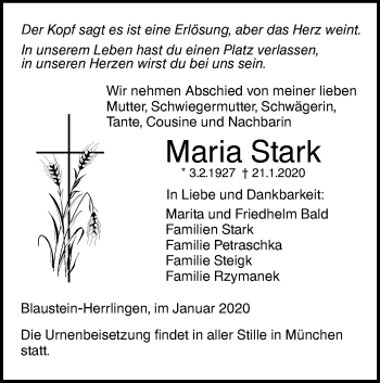 Traueranzeige von Maria Stark von SÜDWEST PRESSE Ausgabe Ulm/Neu-Ulm