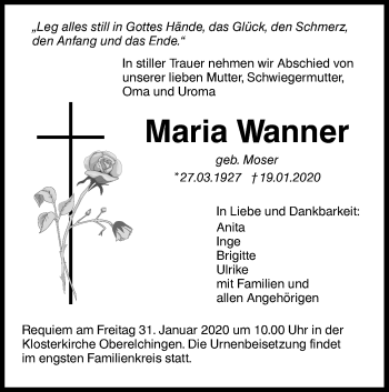 Traueranzeige von Maria Wanner von SÜDWEST PRESSE Ausgabe Ulm/Neu-Ulm