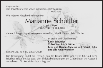 Traueranzeige von Marianne Schüttler von Hohenloher Tagblatt