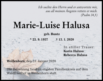 Traueranzeige von Marie-Luise Halusa von SÜDWEST PRESSE Ausgabe Ulm/Neu-Ulm