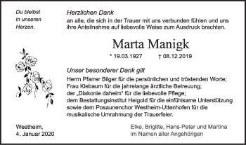 Traueranzeige von Marta Manigk von Haller Tagblatt