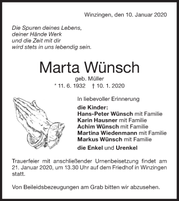 Traueranzeige von Marta Wünsch von NWZ Neue Württembergische Zeitung