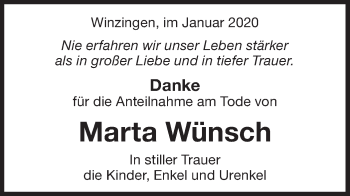 Traueranzeige von Marta Wünsch von NWZ Neue Württembergische Zeitung