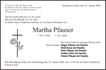 Traueranzeige von Martha Pfauser von Rundschau Gaildorf