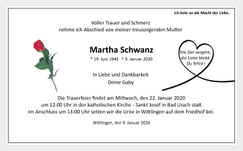 Traueranzeige von Martha Schwanz von Metzinger-Uracher Volksblatt