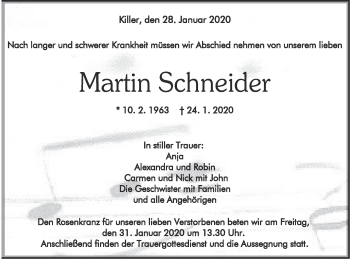 Traueranzeige von Martin Schneider von Hohenzollerische Zeitung