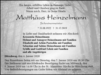 Traueranzeige von Matthäus Heinzelmann von Hohenzollerische Zeitung