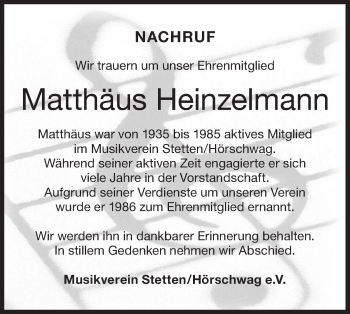 Traueranzeige von Matthäus Heinzelmann von Hohenzollerische Zeitung