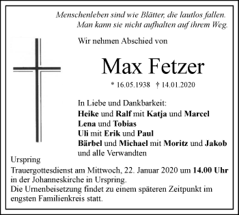 Traueranzeige von Max Fetzer von SÜDWEST PRESSE Ausgabe Ulm/Neu-Ulm