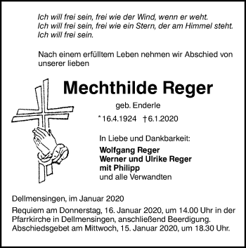 Traueranzeige von Mechthilde Reger von SÜDWEST PRESSE Ausgabe Ulm/Neu-Ulm