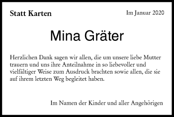 Traueranzeige von Mina Gräter von Metzinger-Uracher Volksblatt