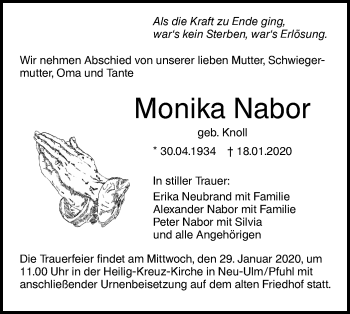 Traueranzeige von Monika Nabor von SÜDWEST PRESSE Ausgabe Ulm/Neu-Ulm