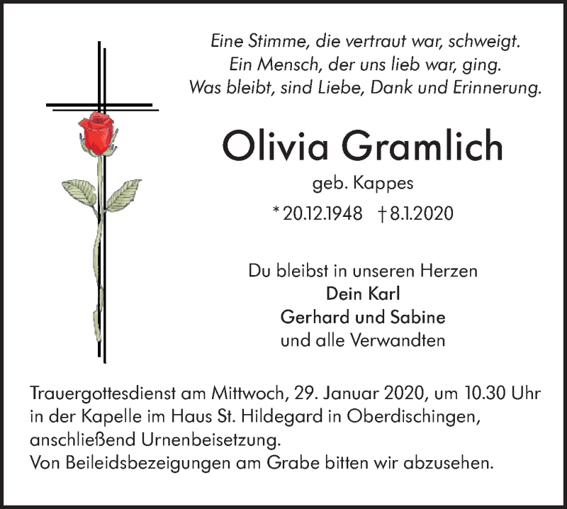  Traueranzeige für Olivia Gramlich vom 24.01.2020 aus Ehinger Tagblatt