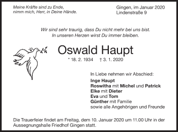 Traueranzeige von Oswald Haupt von Geislinger Zeitung