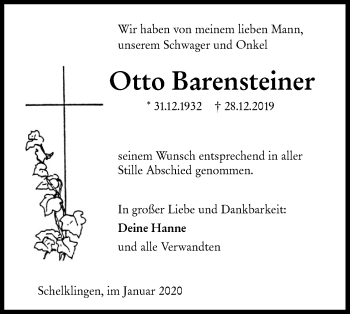 Traueranzeige von Otto Barensteiner von Ehinger Tagblatt