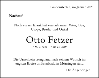 Traueranzeige von Otto Fetzer von Metzinger-Uracher Volksblatt