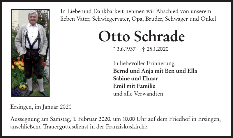  Traueranzeige für Otto Schrade vom 29.01.2020 aus SÜDWEST PRESSE Ausgabe Ulm/Neu-Ulm