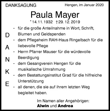 Traueranzeige von Paula Mayer von Metzinger-Uracher Volksblatt