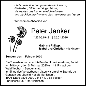 Traueranzeige von Peter Janker von SÜDWEST PRESSE Ausgabe Ulm/Neu-Ulm