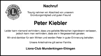 Traueranzeige von Peter Kiebler von Ehinger Tagblatt