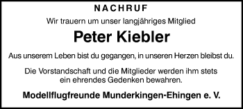 Traueranzeige von Peter Kiebler von Ehinger Tagblatt