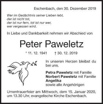 Traueranzeige von Peter Paweletz von NWZ Neue Württembergische Zeitung