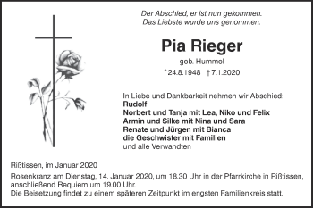 Traueranzeige von Pia Rieger von Ehinger Tagblatt