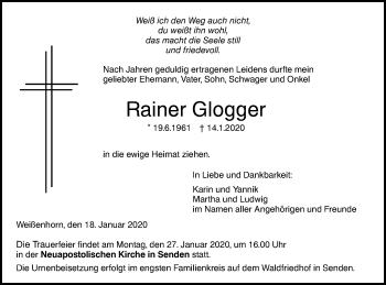 Traueranzeige von Rainer Glogger von SÜDWEST PRESSE Ausgabe Ulm/Neu-Ulm