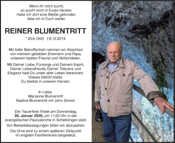 Traueranzeige von Reiner Blumentritt von SÜDWEST PRESSE