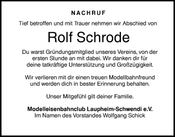 Traueranzeige von Rolf Schrode von Illertal Bote