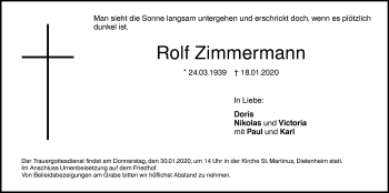 Traueranzeige von Rolf Zimmermann von Illertal Bote