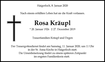 Traueranzeige von Rosa Kräupl von Hohenzollerische Zeitung