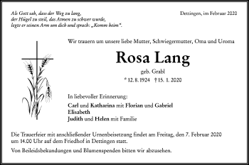 Traueranzeige von Rosa Lang von Metzinger-Uracher Volksblatt