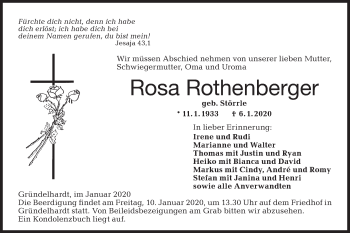 Traueranzeige von Rosa Rothenberger von Hohenloher Tagblatt