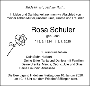 Traueranzeige von Rosa Schuler von SÜDWEST PRESSE Ausgabe Ulm/Neu-Ulm