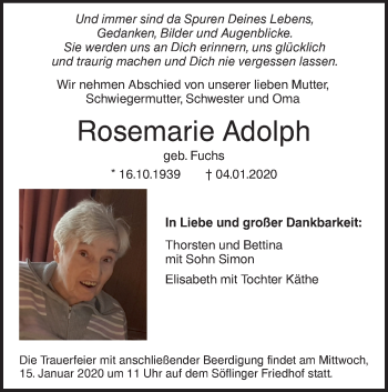 Traueranzeige von Rosemarie Adolph von SÜDWEST PRESSE Ausgabe Ulm/Neu-Ulm