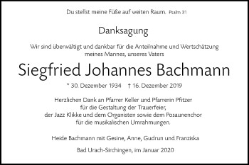 Traueranzeige von Siegfried Johannes Bachmann von Alb-Bote/Metzinger-Uracher Volksblatt