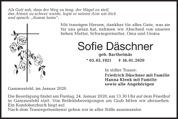 Traueranzeige von Sofie Däschner von Hohenloher Tagblatt