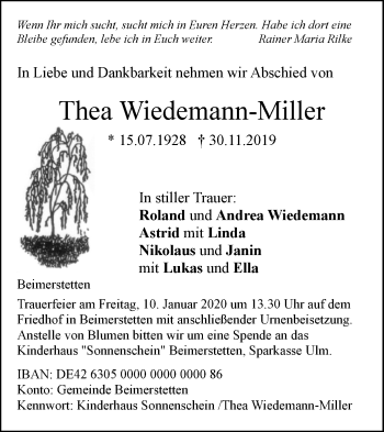 Traueranzeige von Thea Wiedemann-Miller von SÜDWEST PRESSE Ausgabe Ulm/Neu-Ulm