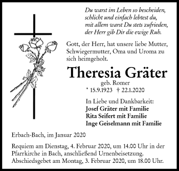 Traueranzeige von Theresia Gräter von SÜDWEST PRESSE Ausgabe Ulm/Neu-Ulm