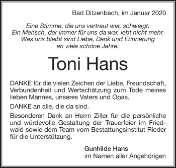 Traueranzeige von Toni Hans von Geislinger Zeitung