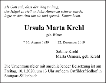 Traueranzeige von Ursula Marta Krehl von Metzinger-Uracher Volksblatt