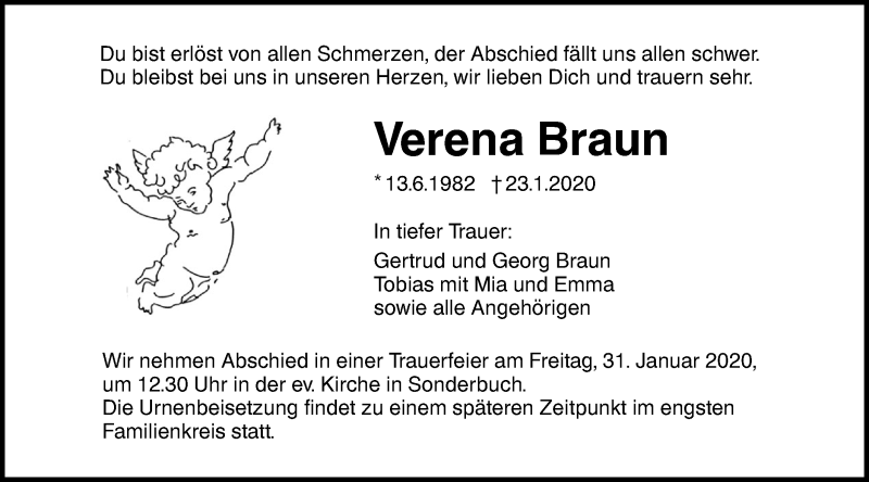  Traueranzeige für Verena Braun vom 29.01.2020 aus SÜDWEST PRESSE Ausgabe Ulm/Neu-Ulm