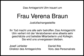 Traueranzeige von Verena Braun von SÜDWEST PRESSE Ausgabe Ulm/Neu-Ulm