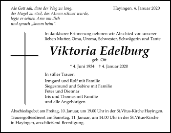 Traueranzeige von Viktoria Edelburg von Alb-Bote/Metzinger-Uracher Volksblatt