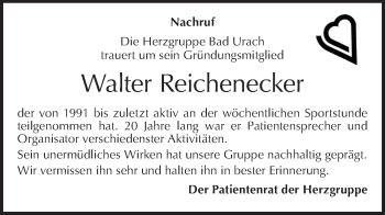 Traueranzeige von Walter Reichenecker von Metzinger-Uracher Volksblatt