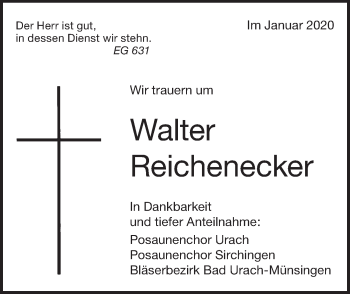 Traueranzeige von Walter Reichenecker von Metzinger-Uracher Volksblatt